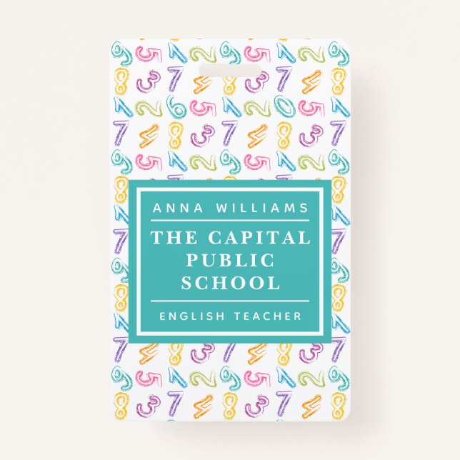 Colorful Number Elementary School Mathe Teacher Ausweis (Vorderseite)