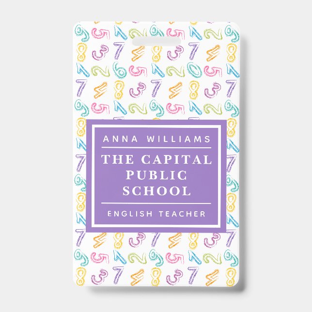 Colorful Number Elementary School Mathe Teacher Ausweis (Vorderseite)