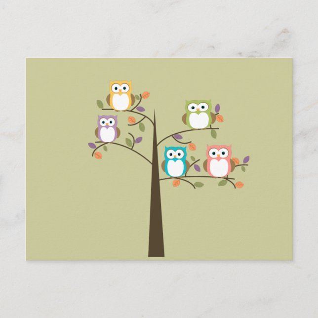 Colorful Owls in Pretty Tree Calender Postkarte (Vorderseite)