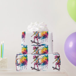 Colorful Painted Girl Skateboarder Birthday Gift Geschenkpapier