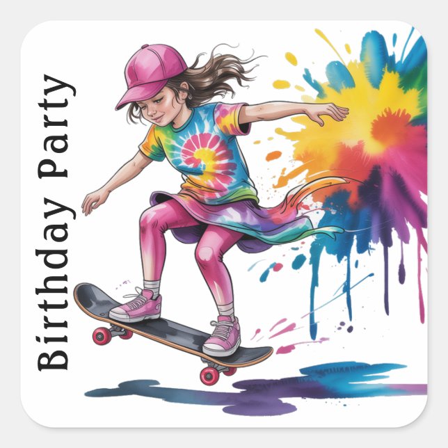 Colorful Painted Girl Skateboarder Birthday Party Quadratischer Aufkleber (Vorderseite)