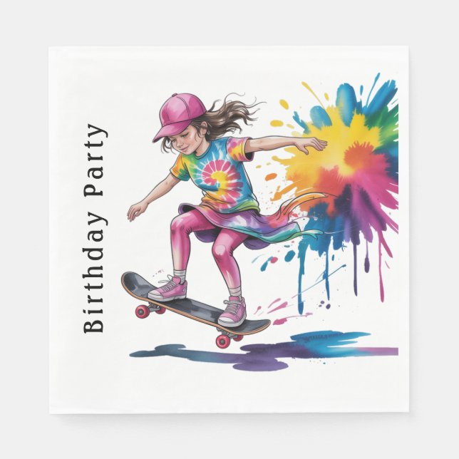 Colorful Painted Girl Skateboarder Birthday Party Serviette (Vorderseite)