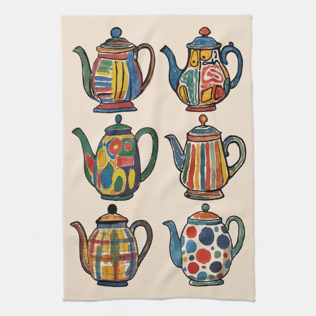 Colorful Painterly Teapot Towel Geschirrtuch (Vertikal)