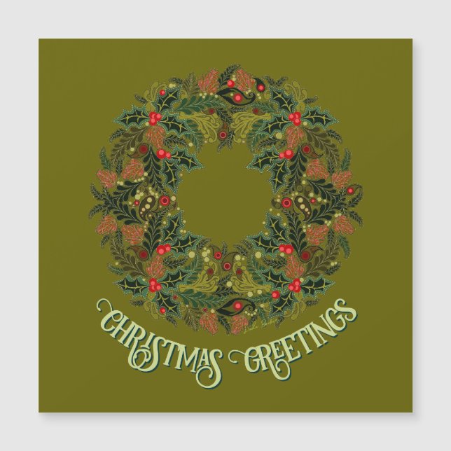 Colorful Paisley Wreath on Green Christmas Card Magnetkarte (Vorderseite)