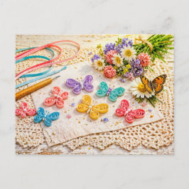 Colorful Paper Quilling Butterflies with Spring Cr Postkarte