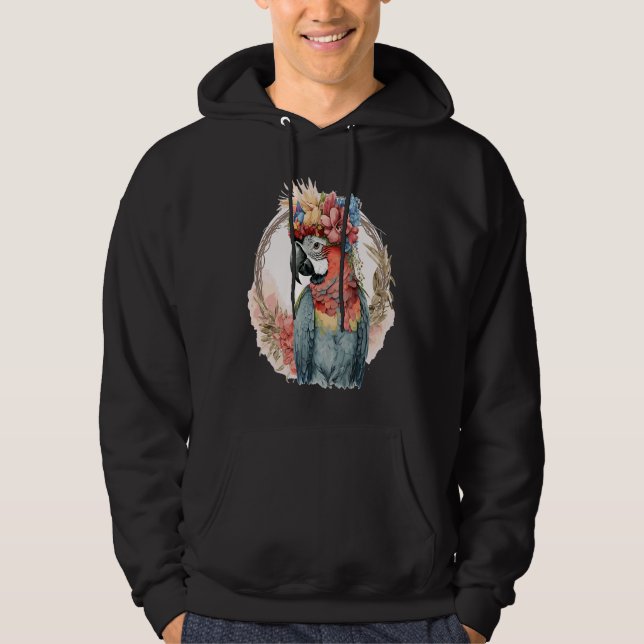 Colorful Parrot Watercolor Macaw Bird Flower Crown Hoodie (Vorderseite)