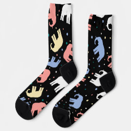 Colorful pastel elephants on black socken