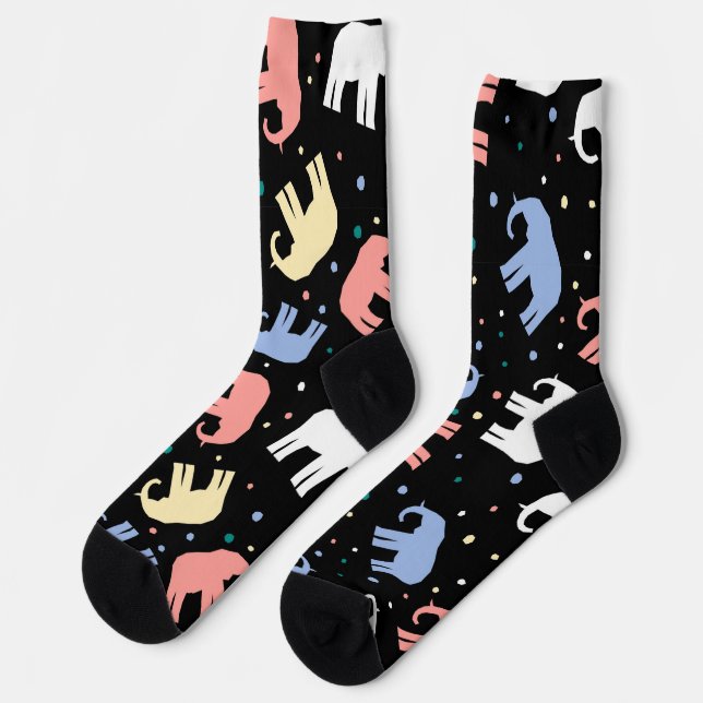 Colorful pastel elephants on black socken (Linkes Detail)