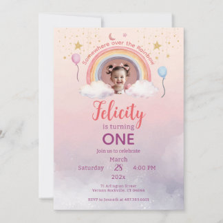 Colorful Pastel Rainbow Girl Birthday Photo Einladung