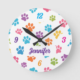 Colorful Paw Print Wall Clock with Custom Name  Runde Wanduhr