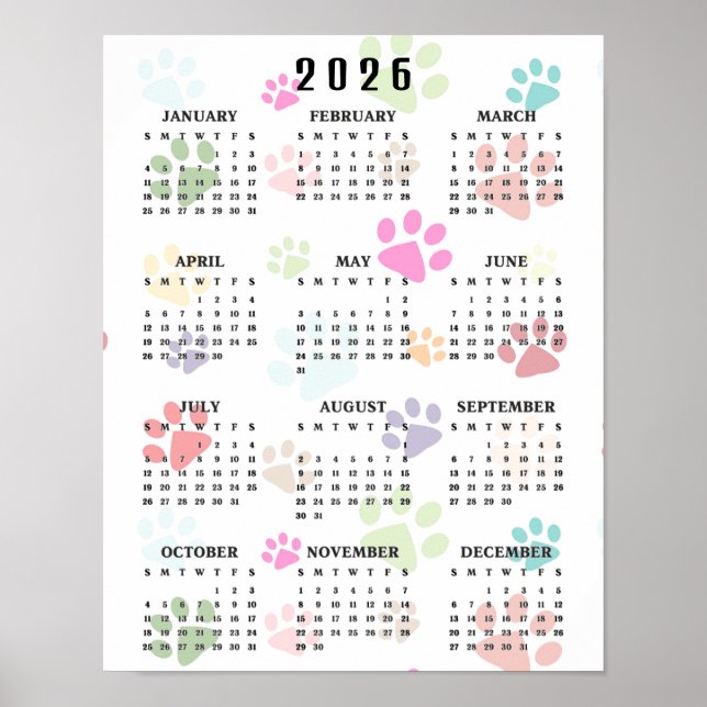 Colorful Paw Prints 2026 Wall Calendar Poster (Vorne)