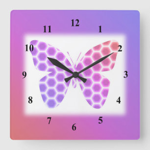 Colorful Peach Pink Purple Geometric Butterfly Art Quadratische Wanduhr