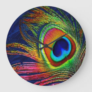 Colorful Peacock Feather Print Große Wanduhr
