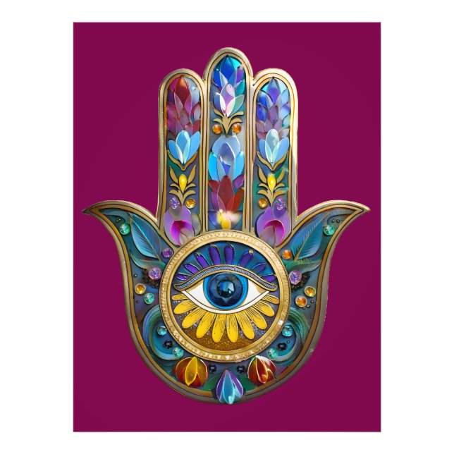 Colorful Petals Leaves Hamsa Sapphire Third Eye Fotodruck (Vorne)