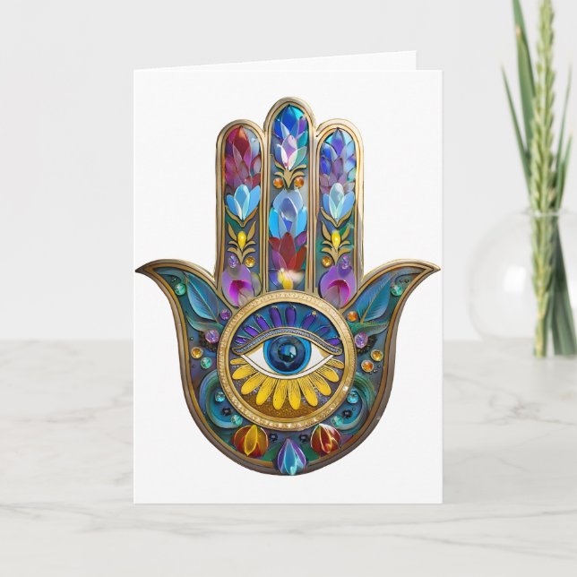 Colorful Petals Leaves Hamsa Sapphire Third Eye Karte (Vorderseite)
