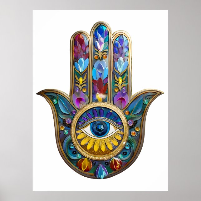 Colorful Petals Leaves Hamsa Sapphire Third Eye Poster (Vorne)