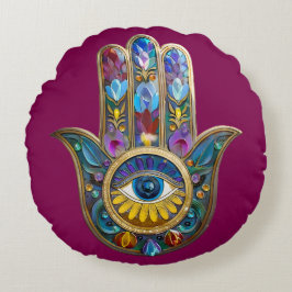 Colorful Petals Leaves Hamsa Sapphire Third Eye Rundes Kissen