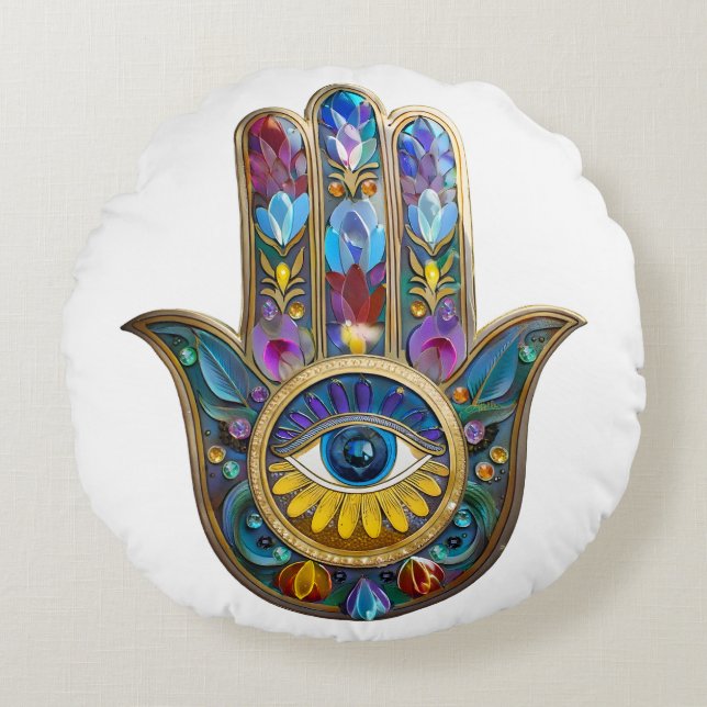 Colorful Petals Leaves Hamsa Sapphire Third Eye Rundes Kissen (Vorderseite)
