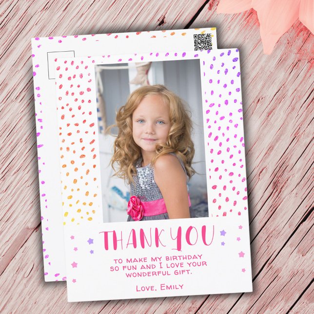 Colorful Pink Stars Girl Photo Birthday Thank You Postkarte (Von Creator hochgeladen)