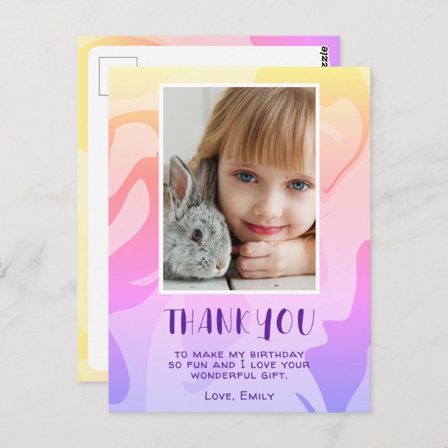 Colorful Pink Swirl Girl Photo Birthday Thank you Postkarte (Vorne/Hinten)