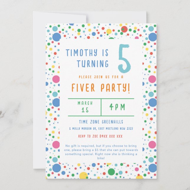 Colorful Pokadot Fiver Party Geburtstagseinladung Einladung (Vorderseite)