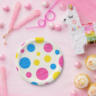 Colorful Polka Dots Pink Blue Yellow Retro Pappteller