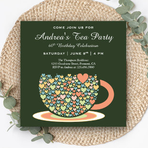 Colorful Pretty Tea Cup Green Birthday Tea Party Einladung