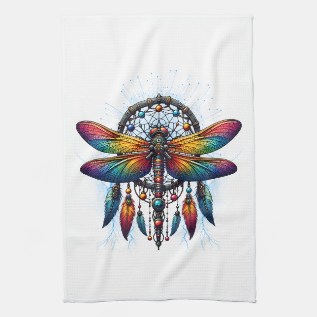 Colorful Psychedelic Dragonfly Dreamcatcher Boho Geschirrtuch (Vertikal)
