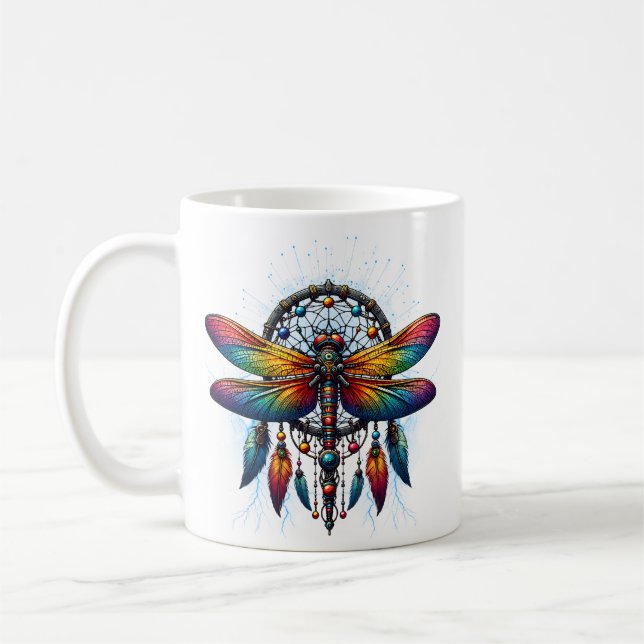Colorful Psychedelic Dragonfly Dreamcatcher Boho Kaffeetasse (Links)