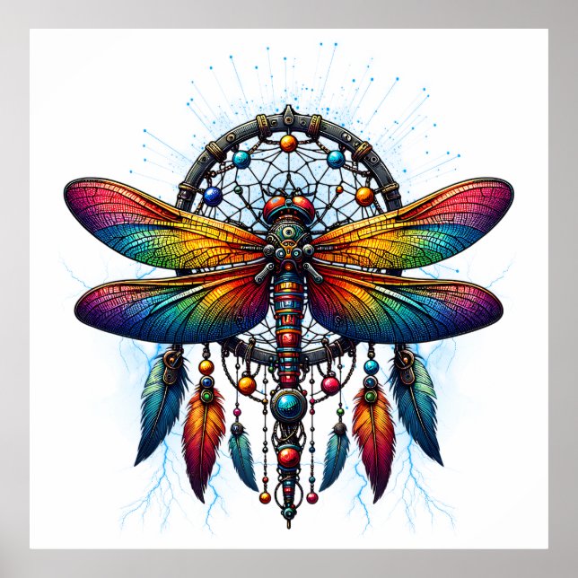 Colorful Psychedelic Dragonfly Dreamcatcher Boho Poster (Vorne)