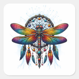 Colorful Psychedelic Dragonfly Dreamcatcher Boho Quadratischer Aufkleber