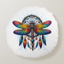 Colorful Psychedelic Dragonfly Dreamcatcher Boho Rundes Kissen