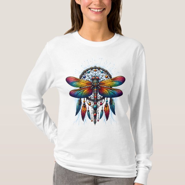 Colorful Psychedelic Dragonfly Dreamcatcher Boho T-Shirt (Vorderseite)