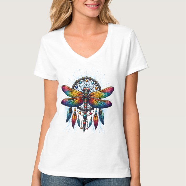 Colorful Psychedelic Dragonfly Dreamcatcher Boho T-Shirt (Vorderseite)