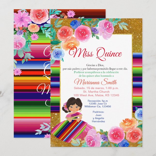 Colorful Quinceanera Floral Mexikanerin Miss Quinc Einladung (Vorne/Hinten)