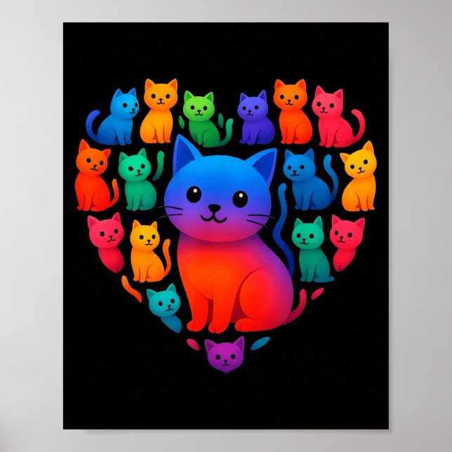 Colorful Rainbow Cats Heart Valentines Day Cat Gra Poster (Vorne)