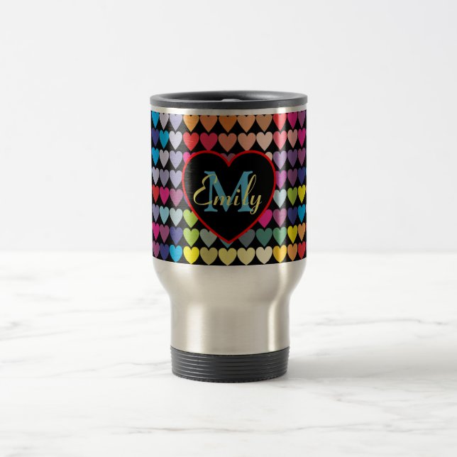 Colorful Rainbow Hearts Pattern Personalised Reisebecher (Mittel)