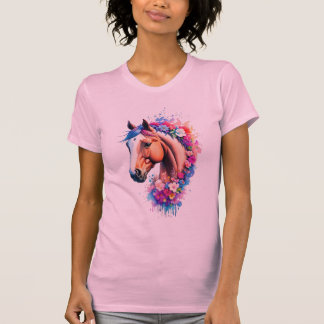 Colorful Rainbow Horse Bust Wildflower Watercolor  T-Shirt