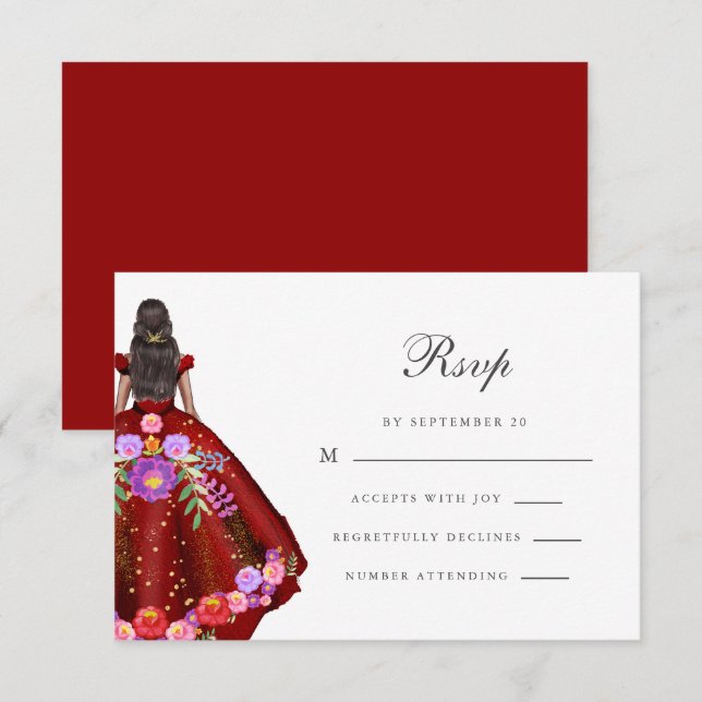 Colorful Red Fiesta Floral Calligraphy Quinceanera RSVP Karte (Vorne/Hinten)