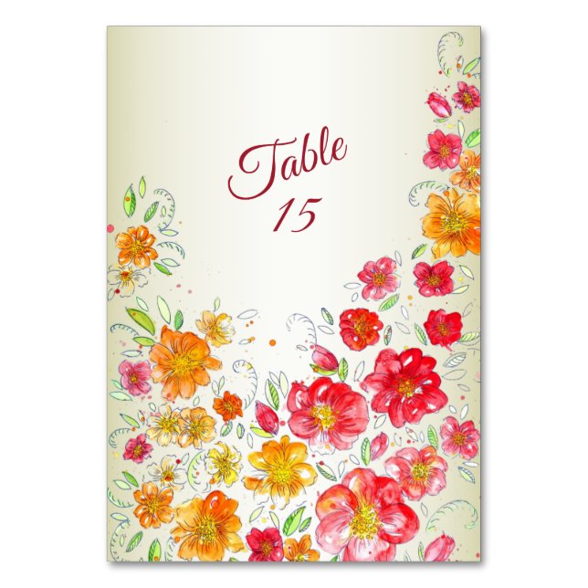 Colorful Red Yellow Pink Floral Wedding Party  Tischnummer (Vorderseite)