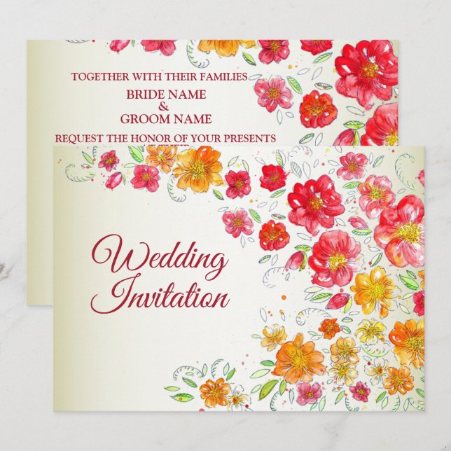 Colorful Red Yellow Pink Garden Floral Wedding Einladung (Vorne/Hinten)