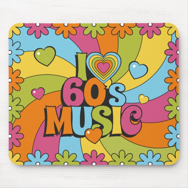 Colorful Retro 60s Music Hearts Waves and Flowers  Mousepad (Vorne)