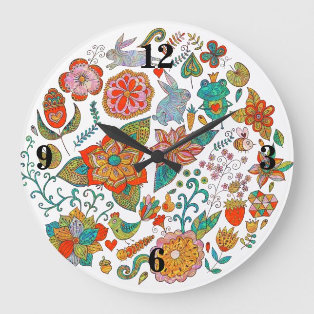 Colorful Retro Birds Flowers & Bunny Rabbits Große Wanduhr (Vorderseite)
