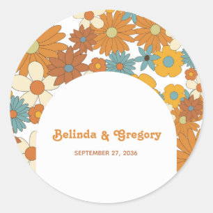 Colorful Retro Flowers 60's 70's Arch Wedding Runder Aufkleber
