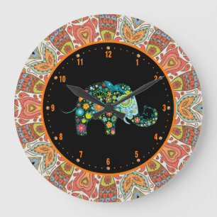 Colorful Retro Flowers & Elephant 4 Große Wanduhr