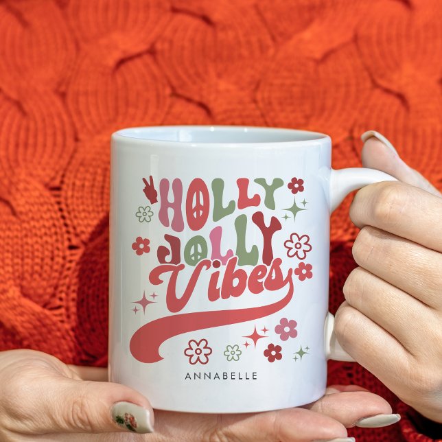 Colorful Retro Groovy Holly Jolly Vibes Holiday Kaffeetasse (Colorful Retro Groovy Holly Jolly Vibes Holiday Coffee Mug)