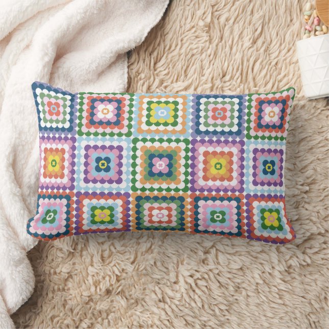 Colorful Retro Mid-Century Mid-Mod Crochet Blossom Lendenkissen (Decke)