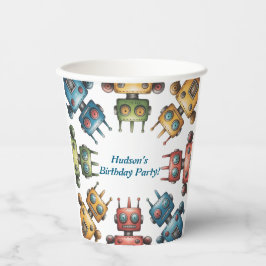 Colorful Retro Robots Boy Birthday Party Pappbecher