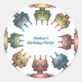 Colorful Retro Robots Boy Birthday Party Runder Aufkleber