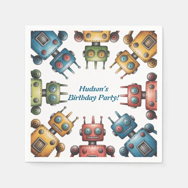 Colorful Retro Robots Boy Birthday Party Serviette (Vorderseite)